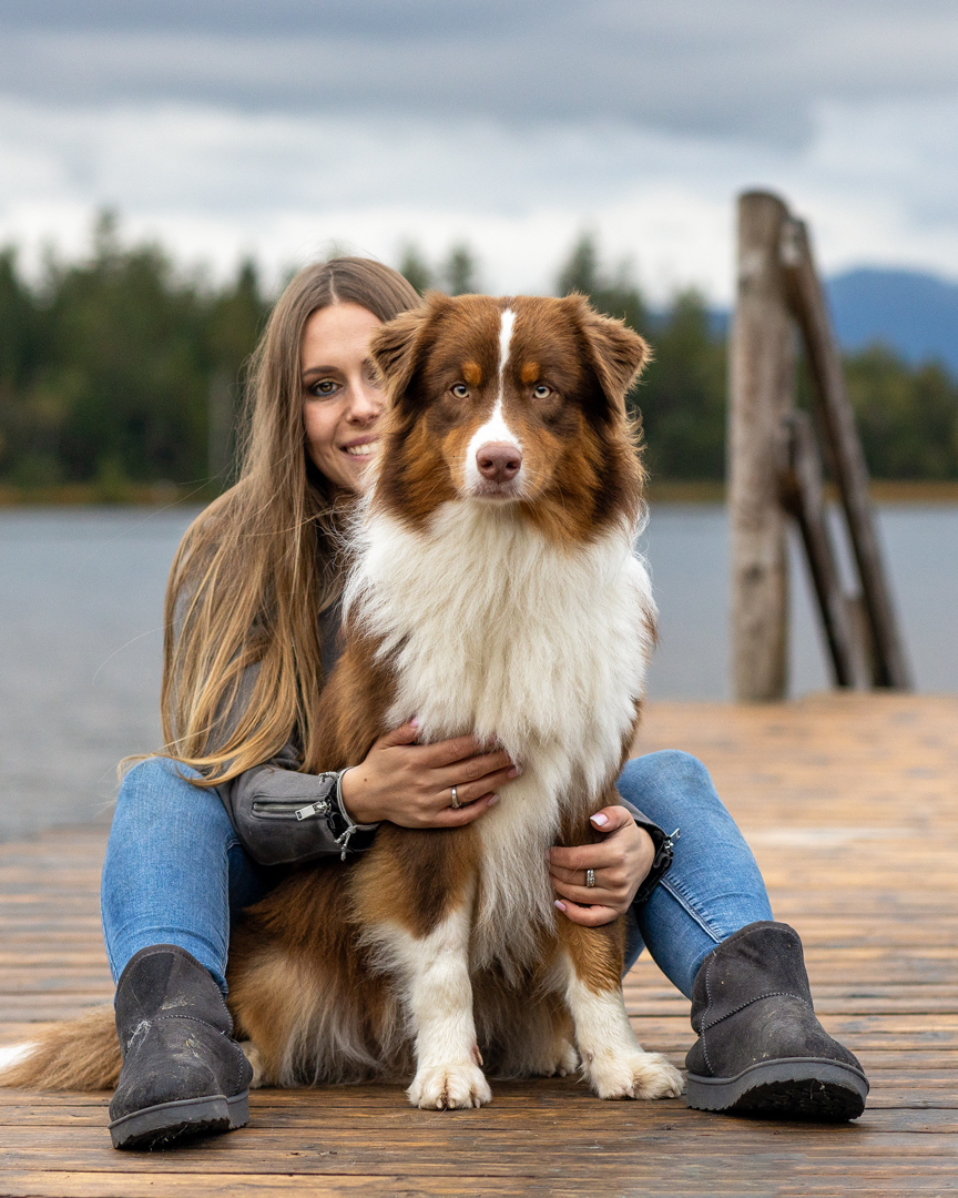 Hundebild brauner Aussie Hütehund mit Besitzerin am Steg